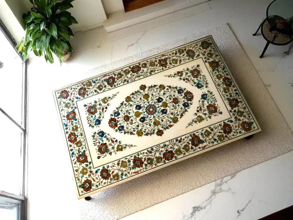 Floral Marble Dining Table with Semi Precious Inlay Work